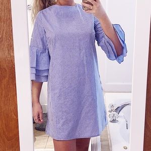 Blue & White Striped Shift Dress w/ Ruffle Sleeves